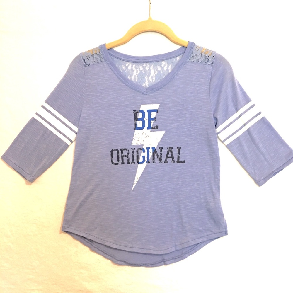 SO 3/4 sleeve light blue top with lace back. Be Original logo Size 12